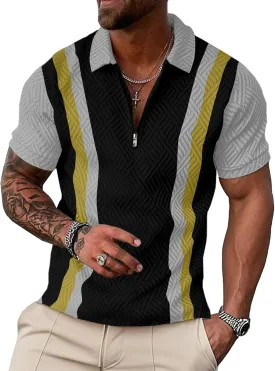UOUA Men's Zipper Polo Shirts Short Sleeve Sweatshirts Soild Color Tops Striped Texture Casual Golf T