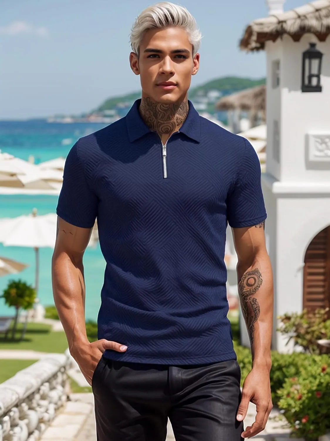 UOUA Men's Zipper Polo Shirts Short Sleeve Sweatshirts Soild Color Tops Striped Texture Casual Golf T