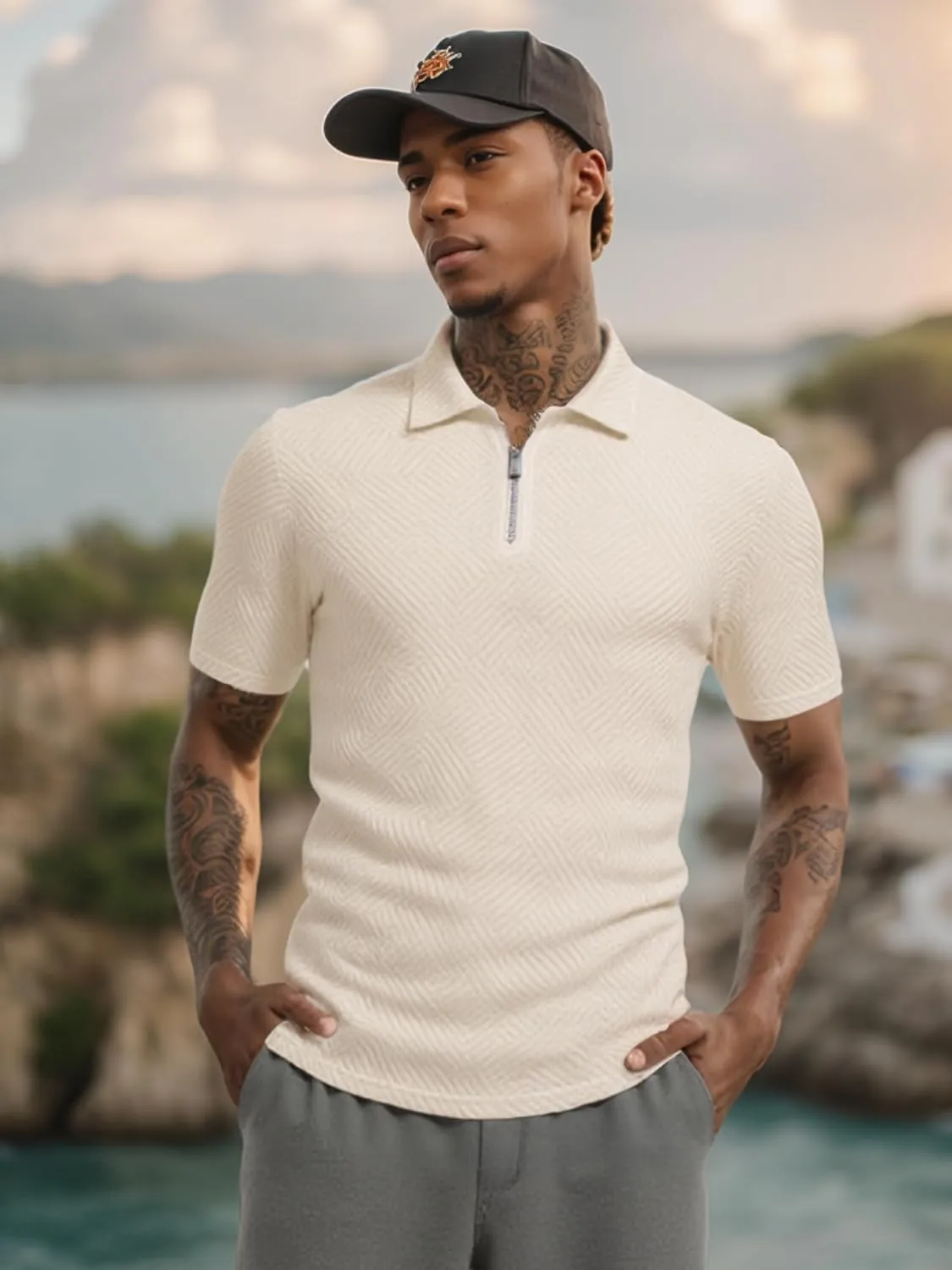 UOUA Men's Zipper Polo Shirts Short Sleeve Sweatshirts Soild Color Tops Striped Texture Casual Golf T