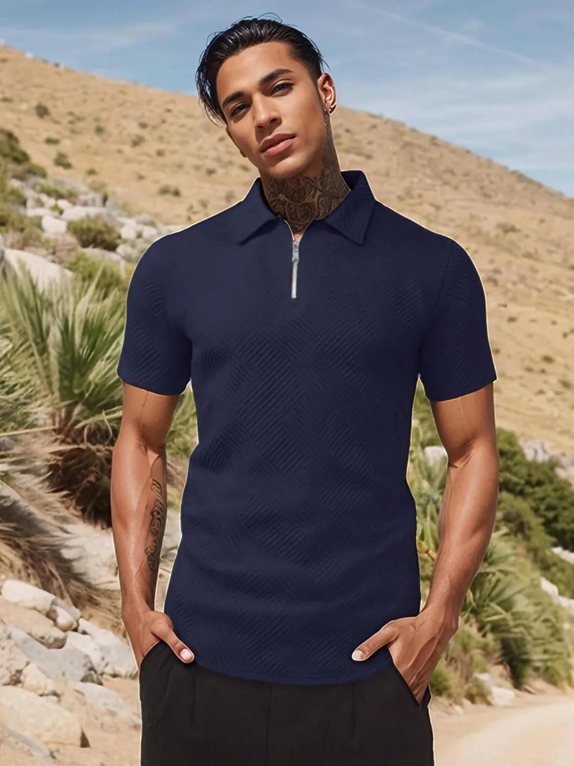 UOUA Men's Zipper Polo Shirts Short Sleeve Sweatshirts Soild Color Tops Striped Texture Casual Golf T
