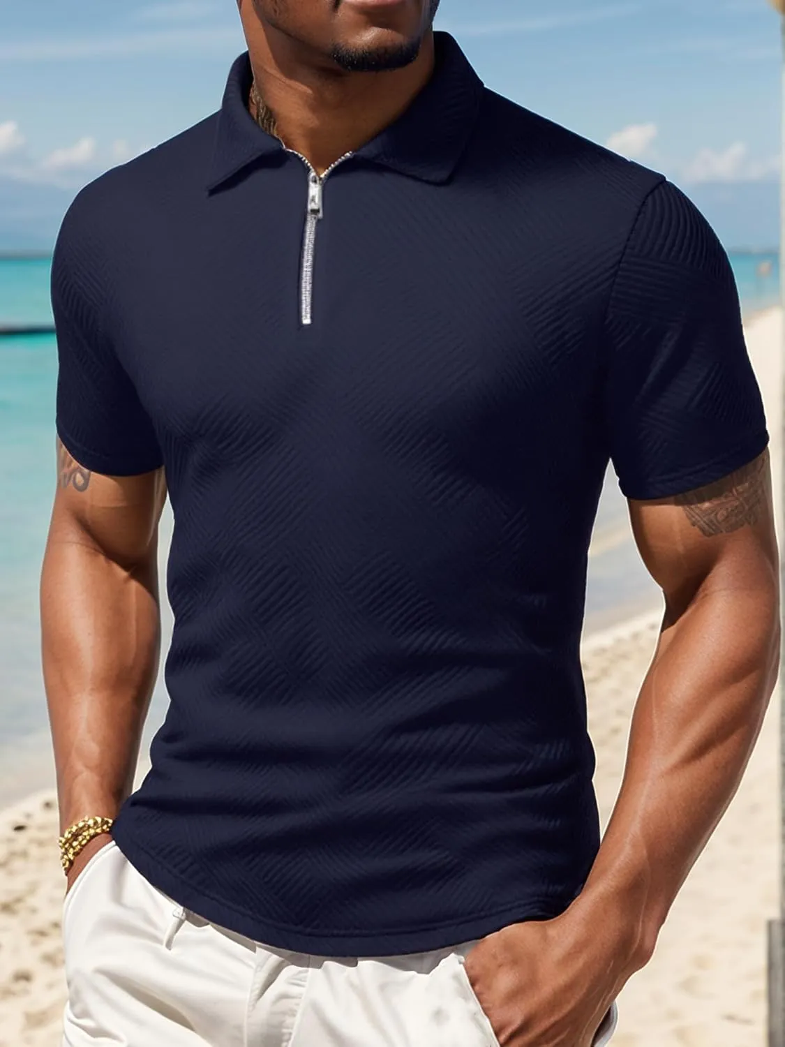 UOUA Men's Zipper Polo Shirts Short Sleeve Sweatshirts Soild Color Tops Striped Texture Casual Golf T