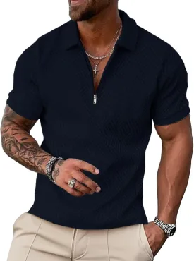 UOUA Men's Zipper Polo Shirts Short Sleeve Sweatshirts Soild Color Tops Striped Texture Casual Golf T