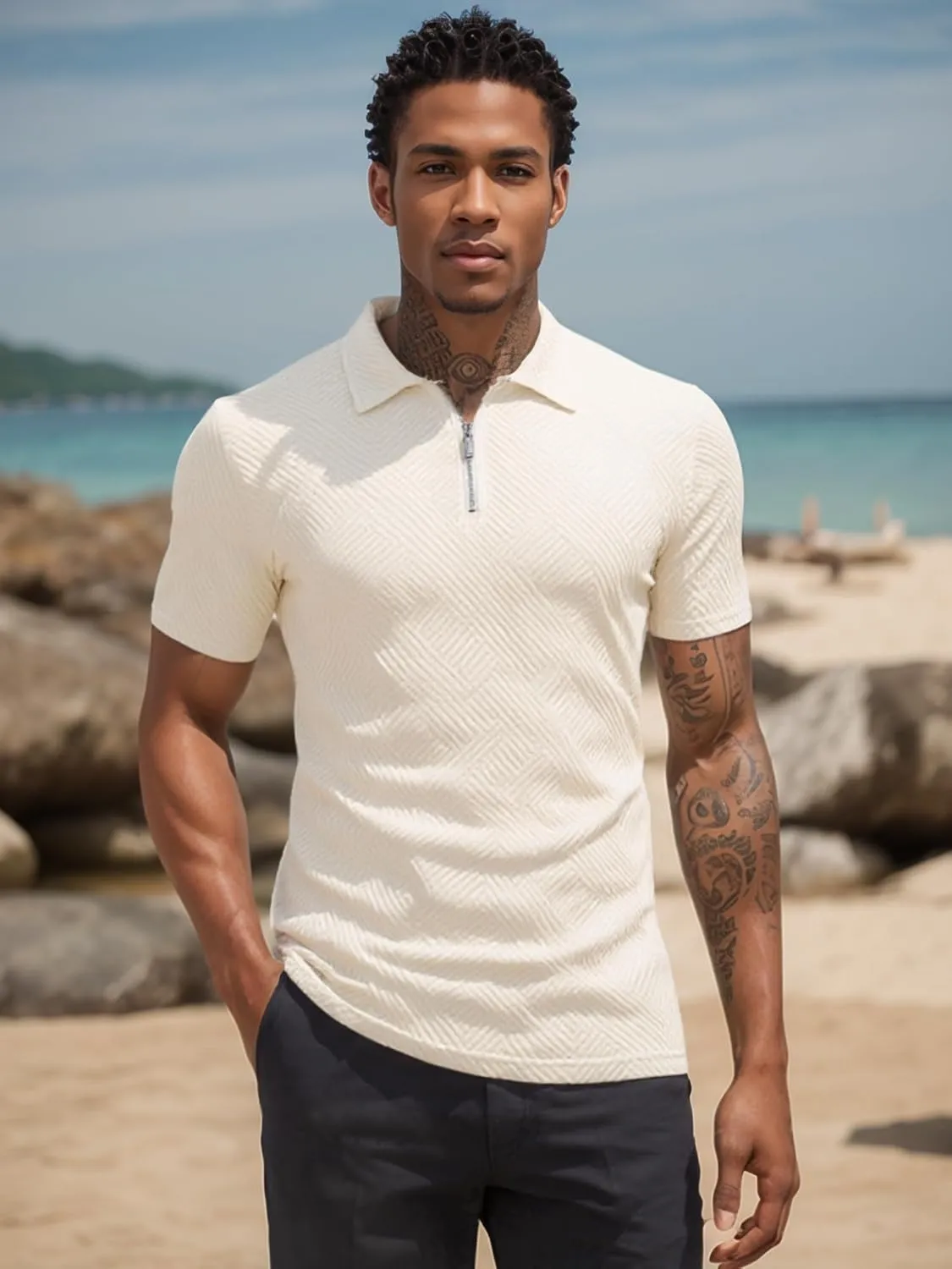 UOUA Men's Zipper Polo Shirts Short Sleeve Sweatshirts Soild Color Tops Striped Texture Casual Golf T