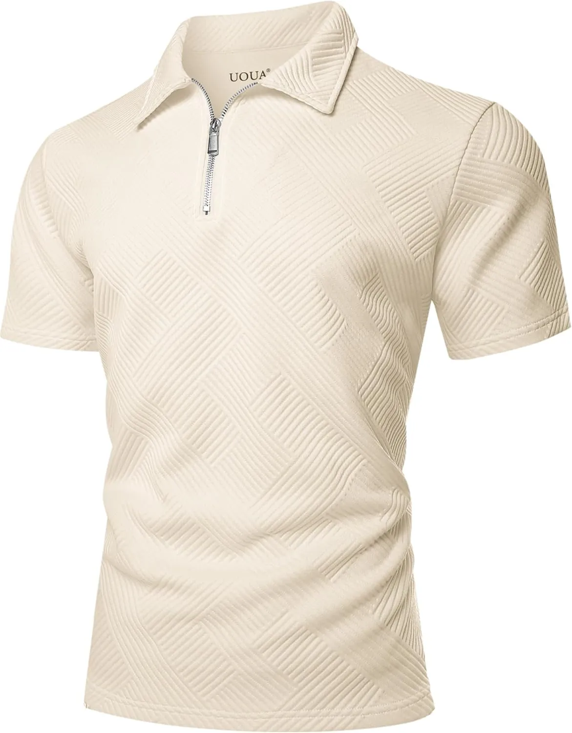 UOUA Men's Zipper Polo Shirts Short Sleeve Sweatshirts Soild Color Tops Striped Texture Casual Golf T