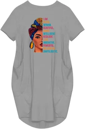 WbJetr I Am Black Woman Beautiful Magic Short Sleeve Loose Pocket Oversize Tunic Dress