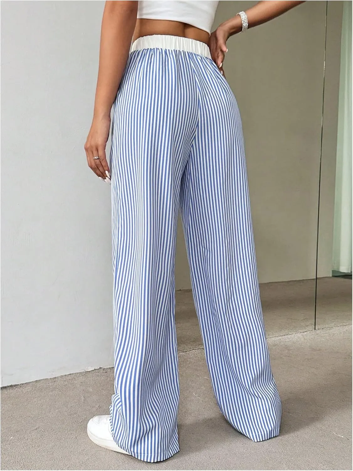 WDIRARA Women's Loose Casual Elastic Drawstring Waist Trousers Striped Wide Leg Pants