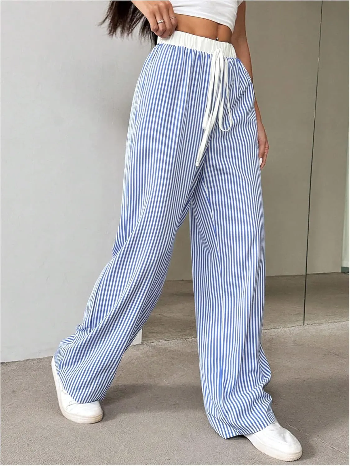 WDIRARA Women's Loose Casual Elastic Drawstring Waist Trousers Striped Wide Leg Pants