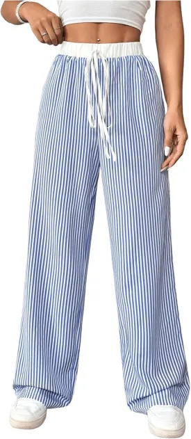 WDIRARA Women's Loose Casual Elastic Drawstring Waist Trousers Striped Wide Leg Pants