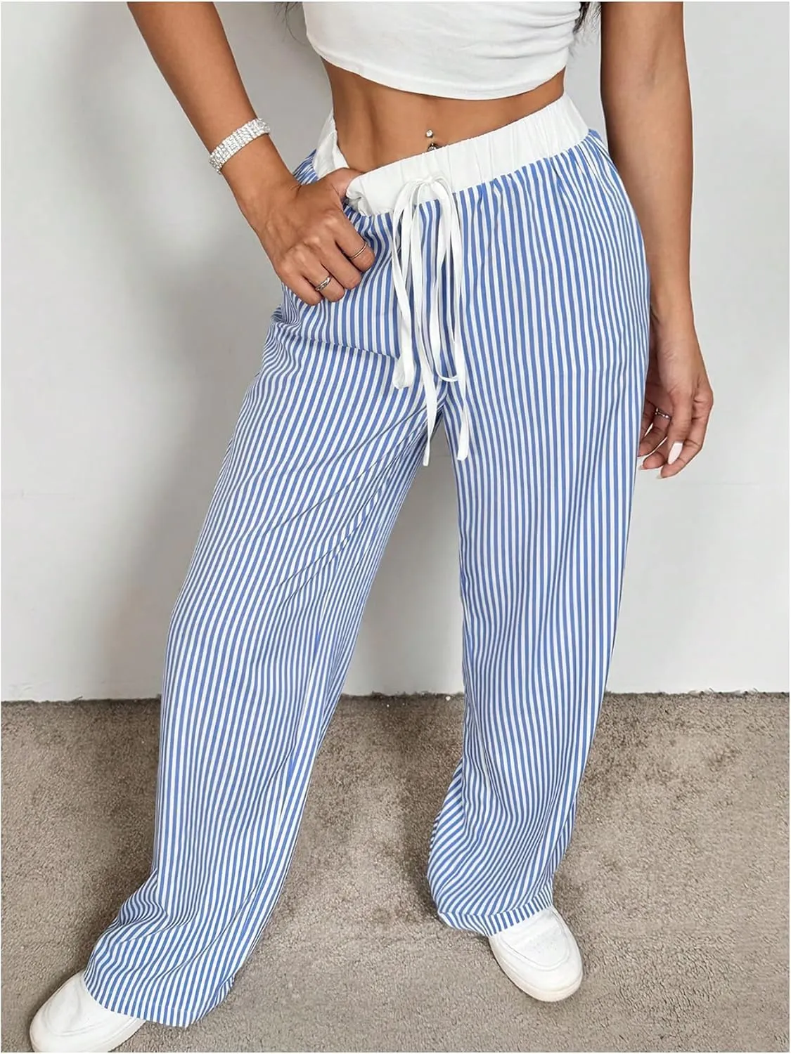 WDIRARA Women's Loose Casual Elastic Drawstring Waist Trousers Striped Wide Leg Pants