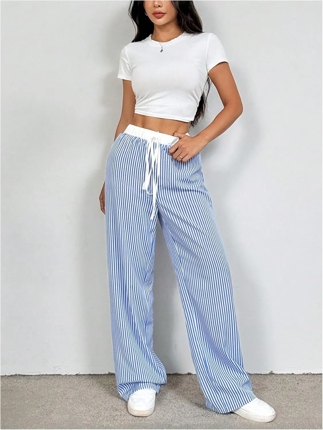 WDIRARA Women's Loose Casual Elastic Drawstring Waist Trousers Striped Wide Leg Pants