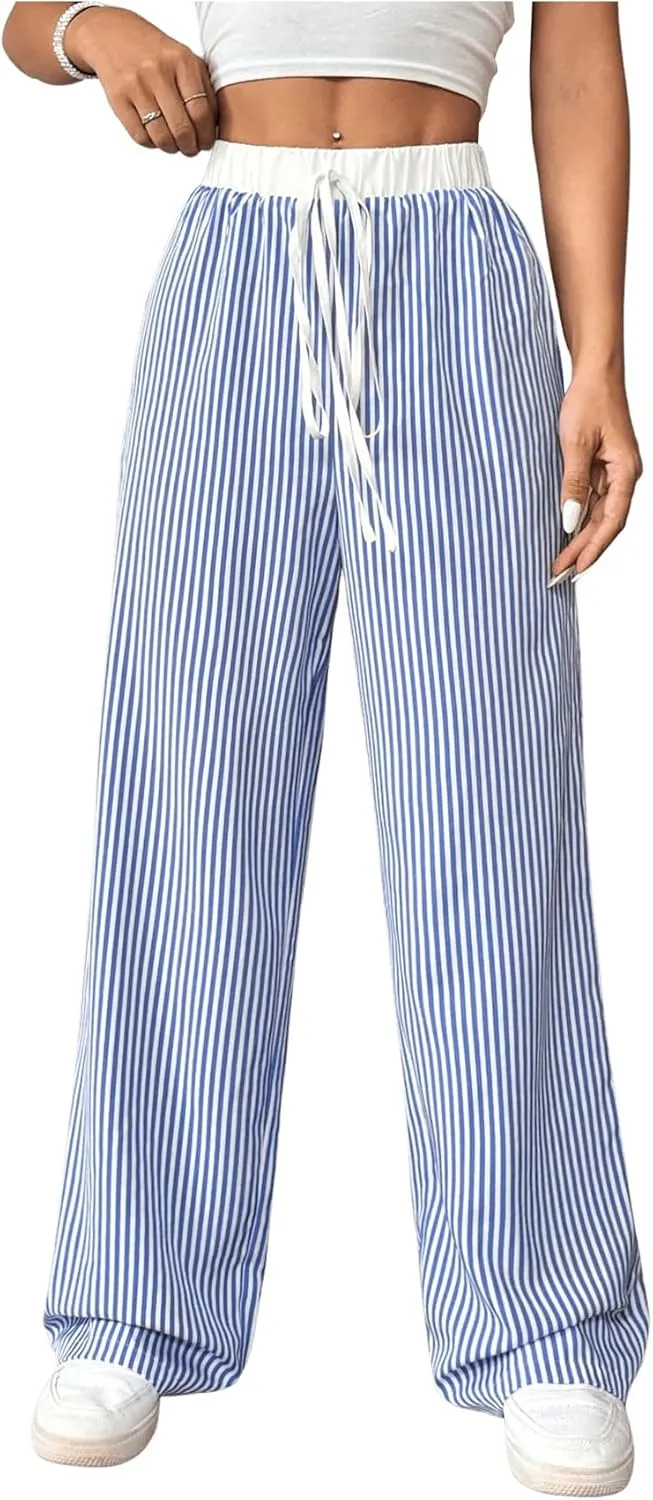 WDIRARA Women's Loose Casual Elastic Drawstring Waist Trousers Striped Wide Leg Pants