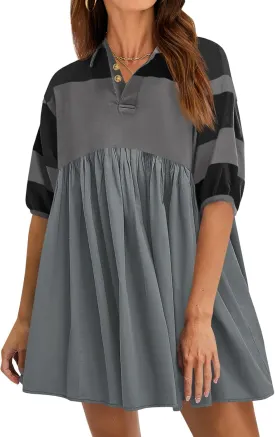 Wenrine Womens Summer Babydoll Dresses Oversized Casual Short Sleeve Color Block Collared V Neck Flowy Shirt Mini Dress