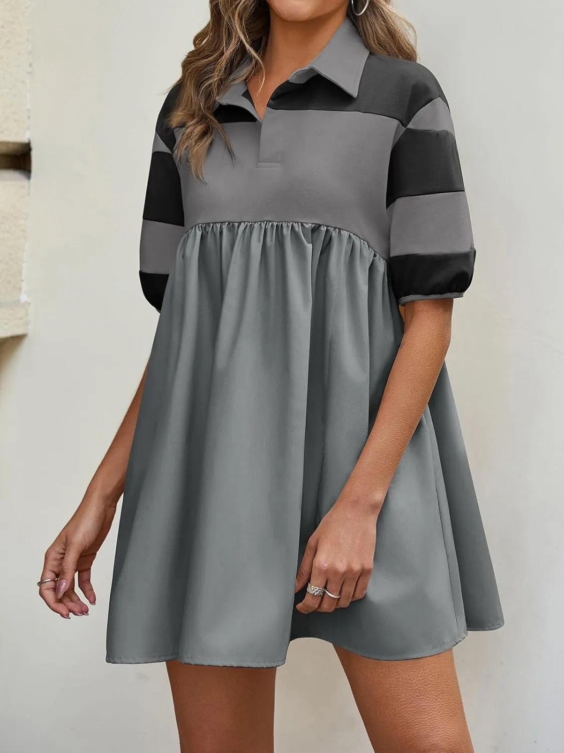 Wenrine Womens Summer Babydoll Dresses Oversized Casual Short Sleeve Color Block Collared V Neck Flowy Shirt Mini Dress
