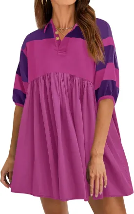 Wenrine Womens Summer Babydoll Dresses Oversized Casual Short Sleeve Color Block Collared V Neck Flowy Shirt Mini Dress