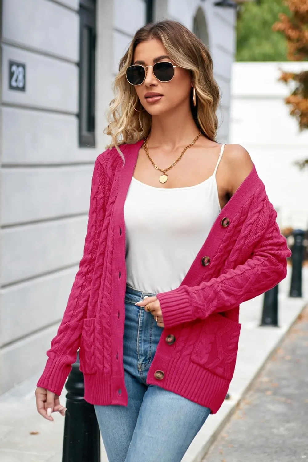 Women's Cable Knit Open Front Button Down Cardigan Sweater Long Sleeve Chunky Fall Sweater Outwear