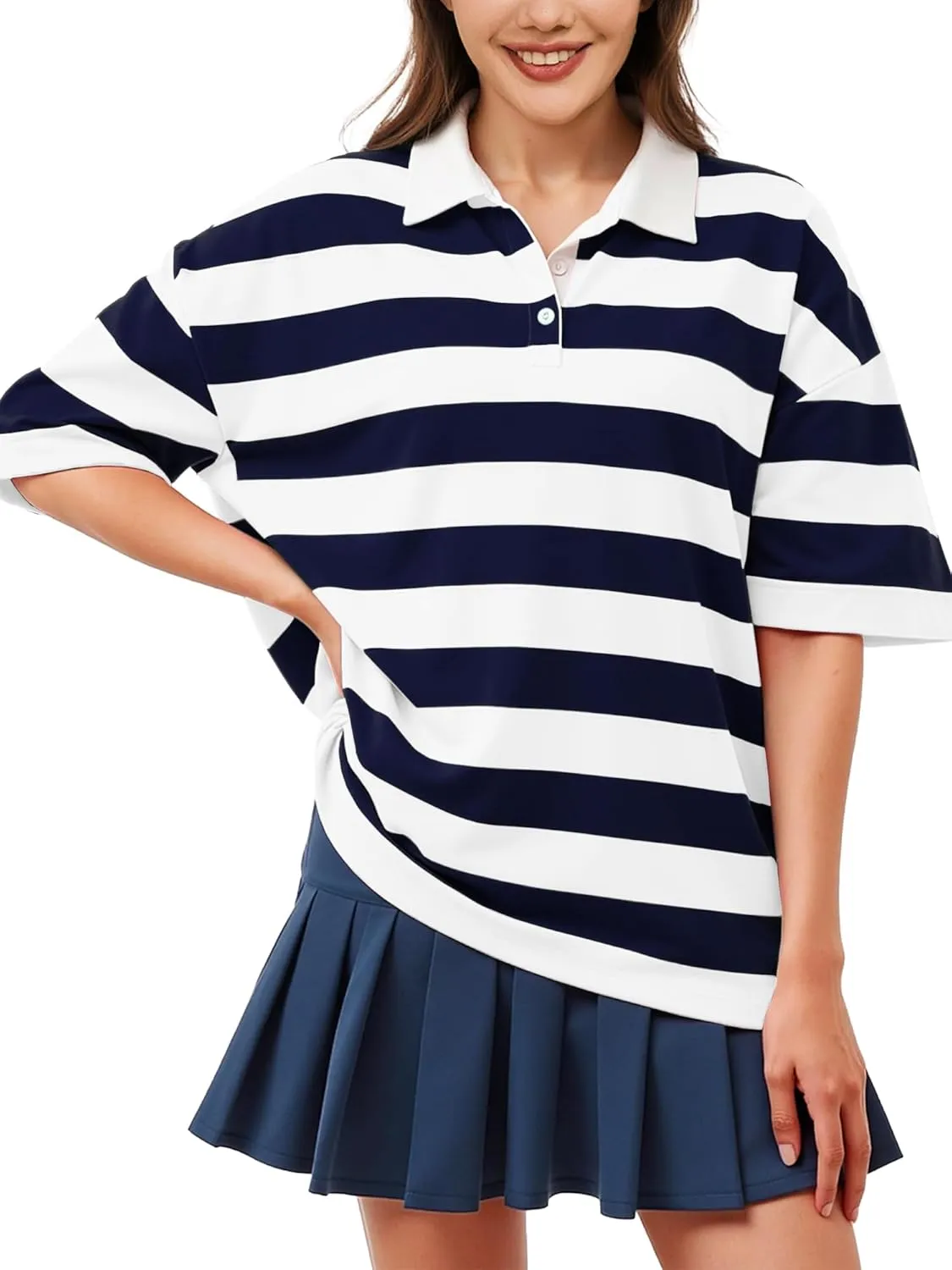 Womens Oversized Striped Polo Sweatshirt Color Block Short Sleeve Polo T-Shirts Fashion Streetwear Pullover Tops
