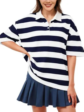 Womens Oversized Striped Polo Sweatshirt Color Block Short Sleeve Polo T-Shirts Fashion Streetwear Pullover Tops