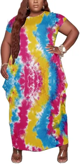 YeGine Oversize Tshirt Dress Plus Size Short Sleeve Maxi Dress with Pockets