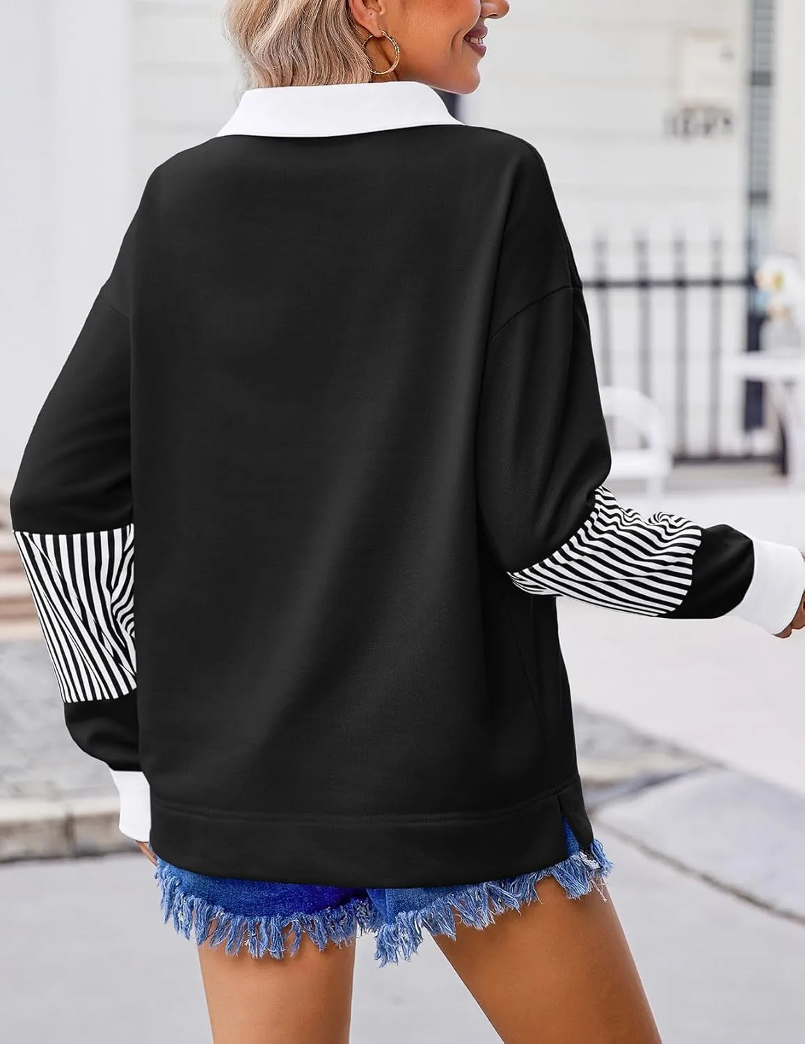 Zeagoo Women's Sweatshirt Striped Long Sleeve Henley Button Casual Loose Pullover Tunic Tops 2024 Fall Shirt Outfits