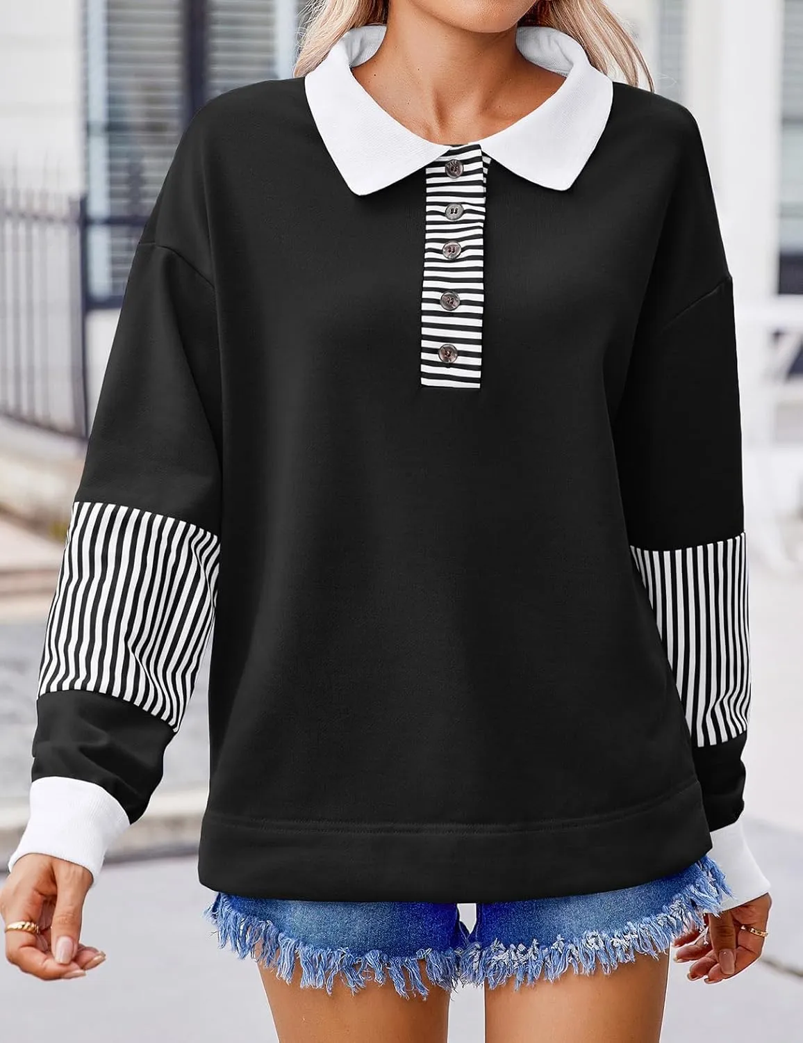 Zeagoo Women's Sweatshirt Striped Long Sleeve Henley Button Casual Loose Pullover Tunic Tops 2024 Fall Shirt Outfits