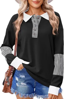 Zeagoo Women's Sweatshirt Striped Long Sleeve Henley Button Casual Loose Pullover Tunic Tops 2024 Fall Shirt Outfits