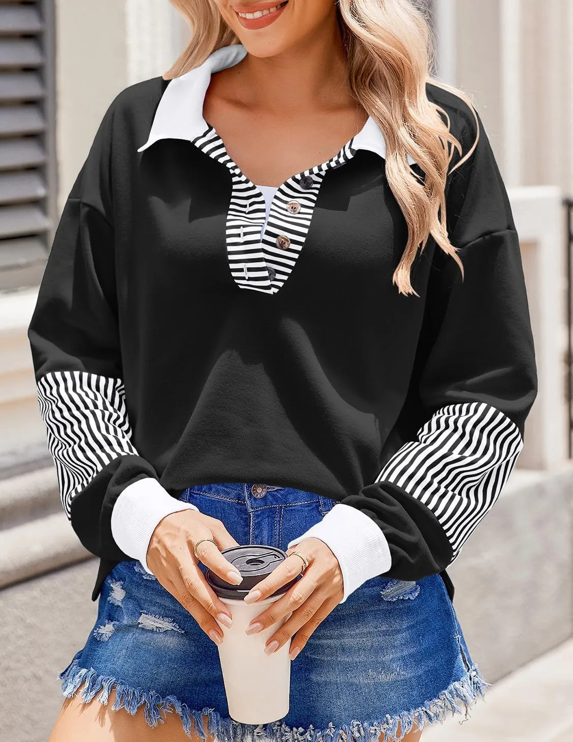 Zeagoo Women's Sweatshirt Striped Long Sleeve Henley Button Casual Loose Pullover Tunic Tops 2024 Fall Shirt Outfits