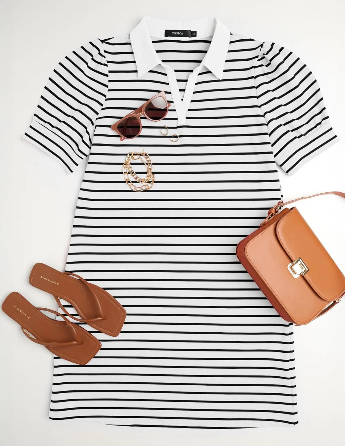 ZESICA Women's Summer Casual Striped Mini Dresses 2025 Lapel V Neck Short Sleeve Flowy A Line T Shirt Dress