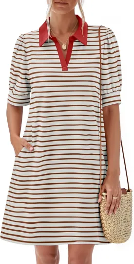 ZESICA Women's Summer Casual Striped Mini Dresses 2025 Lapel V Neck Short Sleeve Flowy A Line T Shirt Dress