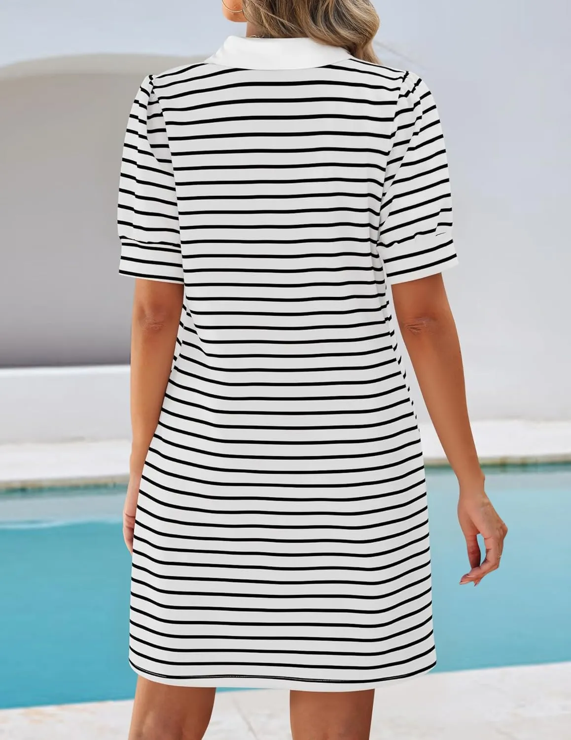 ZESICA Women's Summer Casual Striped Mini Dresses 2025 Lapel V Neck Short Sleeve Flowy A Line T Shirt Dress