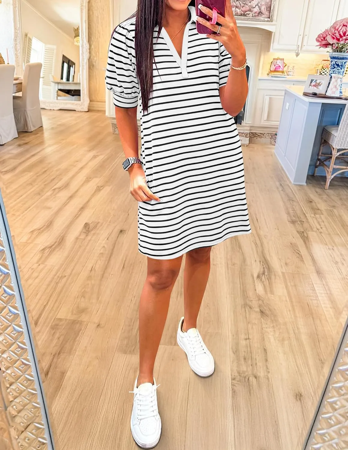 ZESICA Women's Summer Casual Striped Mini Dresses 2025 Lapel V Neck Short Sleeve Flowy A Line T Shirt Dress