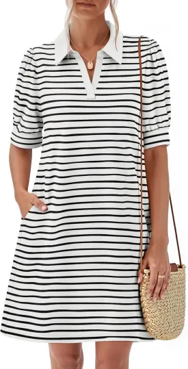 ZESICA Women's Summer Casual Striped Mini Dresses 2025 Lapel V Neck Short Sleeve Flowy A Line T Shirt Dress