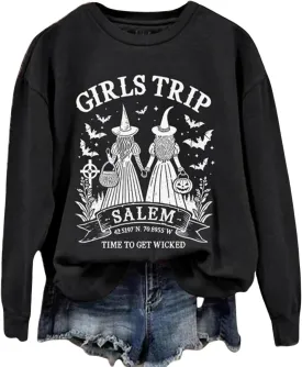 ZYXTIM Halloween Pullover Tops for Women Girls Trip Time to Get Wicked Letter Graphic Scary Printed Sweatshirts Holiday Tees