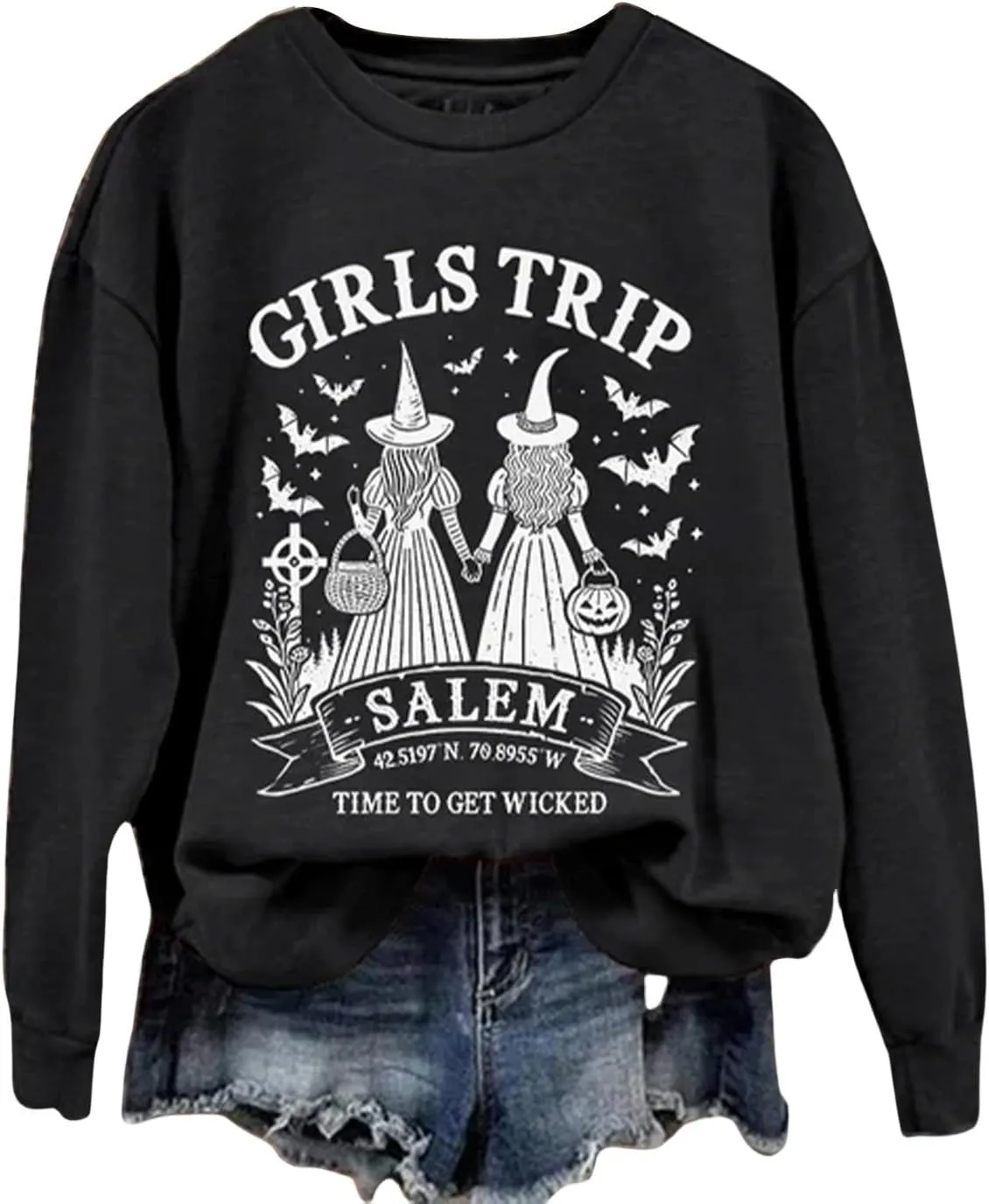 ZYXTIM Halloween Pullover Tops for Women Girls Trip Time to Get Wicked Letter Graphic Scary Printed Sweatshirts Holiday Tees